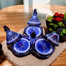 Set of 3 Handmade Moroccan Pottery Tagines for Spices and Sauces, dark green 