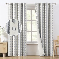 Blackout Boho Curtains 96 Inches Long for Bedroom Blue on Beige Striped Patte...