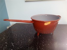 Vintage FRENCH Long Handled ENAMEL COLANDER * Brown & Grey * Shabby Chic * VGC