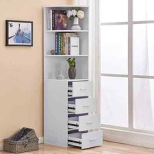White Corner  Storage Unit Triangle Cabinet Open Shelves White And Four Draws