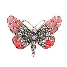 Butterfly Pin Brooch  925 Sterling Silver Set With Amethyst Enamel And Marcasite