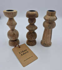 Set 3 Wooden Rustic Candlesticks Tea Light Holders 15cm Height