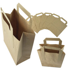 SMALL (7x9x3.5") BROWN PAPER CARRIER BAGS WITH HANDLES KRAFT SOS LUNCH FLAT