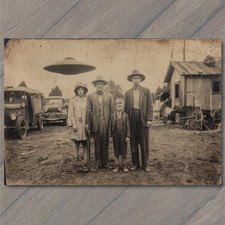 POSTCARD Alien UFO Flying Saucer Old Photo Rural Family Paranormal Strange Humor