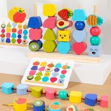 Montessori Wooden Toys for 2 3 4 Year Old Boys Girls: Threading Beads Fruit