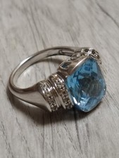 Sterling Silver 925 Blue Topaz Ring – Large Cushion Cut Stone – Marcasite...
