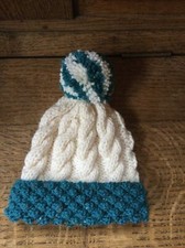 New HAND KNITTED Green & Cream Aran Bobble Hat Cable Pattern Med Child Cosy Ski