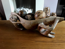 VINTAGE AFRICAN CARVED WOODEN CANOE SCULPTURE MOTHER OF PEARL INLAY MONKEY BALLS