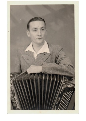 Postcard accordion man holding - postcard,