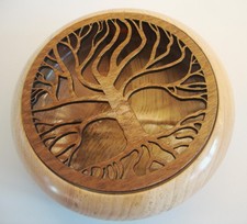 Turned potpourri bowl with "Tree of Life" fretted lid. 145 mm Dia. x 50 mm High