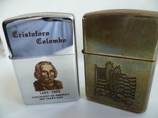 2 x 'Columbus & Eagle/Flag' 1991 & 1994 HP Chrome & Antique Brass Zippo Lighters