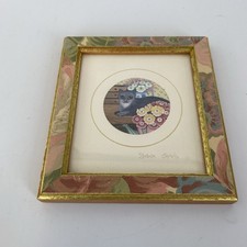 Sharon Jervis Miniature Cat Print Smokey Grey with Flowers Framed Vtg Inspired