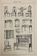 English Queen Anne Furniture Styles - 1904 Large Antique Print