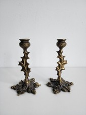 2x Antique Brass Decorative Botanical Thistle Candelabras Candlestick Holders 