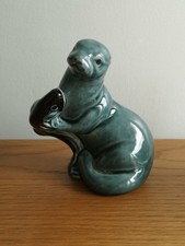 Vintage Poole Pottery  Otter Holding Salmon Blue Glaze Figurine 1970's /1980's