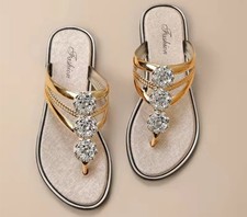Ladies Gold Rhinestone Flip Flops Size 39 UK6 Summer Beach Sandals