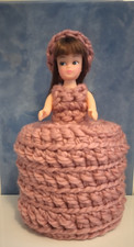 Handmade Crochet Vintage Doll Toilet Roll Cover, Dusky Pink Dress