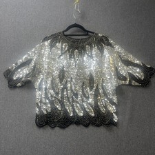 Vintage Iris  evening top silver & black beaded sequin embelished short sleeve