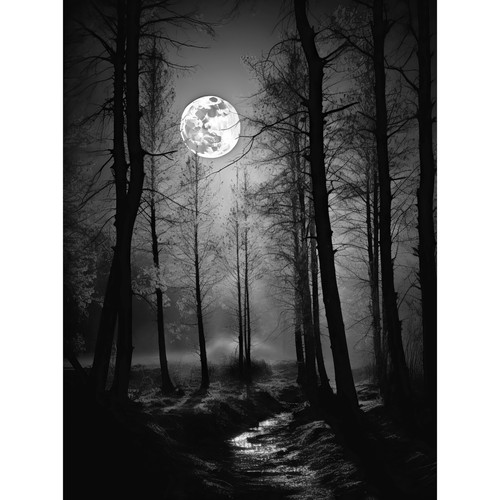 Full moon over misty forest - over,