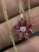 Vintage 9K Gold Ruby & Diamond Floral Heart Pendant Necklace – 18" Chain, 2.8g