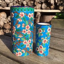 2 Vintage Decorative Blue Ground Floral Enamel Longwy Vases - AF See Description