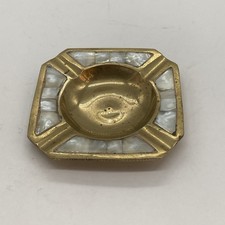 Vintage Brass Ash Tray Inlaid Mother Of Pearl  Original Old Hand Crafted