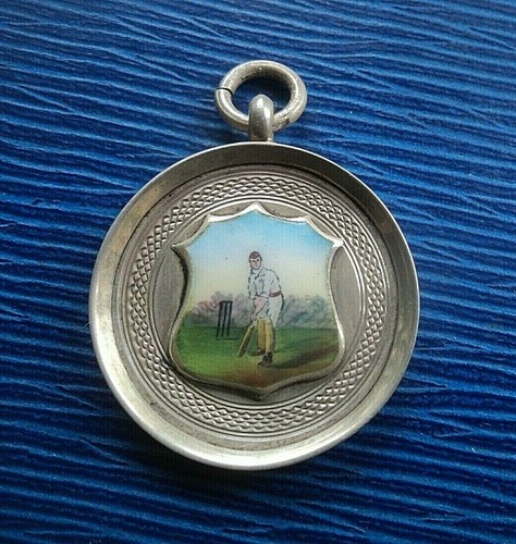 Silver enamel cricket medal - cricket,