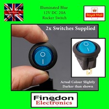 2x Blue 12v-20A SPST illuminated Full Round Rocker Switch Car Van Boat