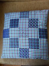 Padded seat cushion in blue/green gingham with blackwork embroidery 37cm x 37cm