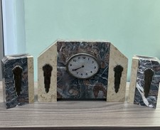Antique Marble Clock and Garnitures Art deco Style cream grey black  fawn colour