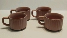Set of 4 Blush Pink Dartington Stoneware Chunky Grey Ribbed Embossed Mugs/Cups