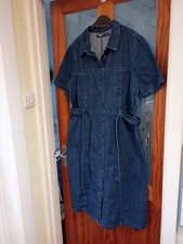 Blue Denim Dress by George Size 18 Short Sleeve Calf Length With Belt