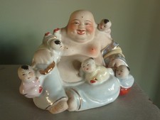 Vintage Laughing lucky Buddha with Children Bisque & Ceramic 12cm / 4.5 in tall