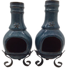 Clay Chimineas x2 Outdoor Heater with Metal Stand Legs 30cm Blue Finish