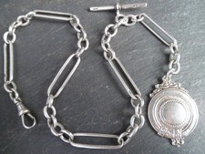 Antique Fancy Link Solid Silver Albert Pocket Watch Chain + Silver Fob Medal