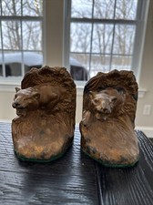 Pair Antique Growling Tiger Decorative Bookends, Chipped Paint 