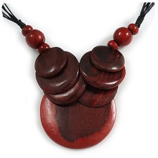 Statement Ox Blood Wood Bead Pendant with Black Cotton Cords - 46cm L