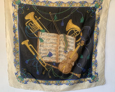 Vtg French Horn Violin Musical Instruments Sheet Music Pure Silk Scarf 33''x32''