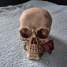 Resin Gothic Skull With Red Rose, Ornament