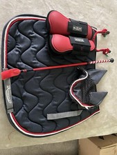 Red And Grey Blue Show Jumping Setting - Saddle Pad, Tendon Boots, Crop & Ears