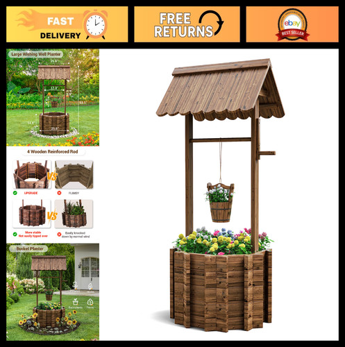 Wooden wishing well - wooden, planter