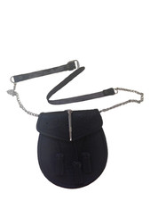 Black Leather Scottish Sporran with Chain Strap and Tassels Celtic Design #CH