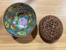 Miniature Vintage Chinese Porcelain Hand Painted Ornate Bowl + camphor wood disk