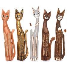 Wooden Cats Hand Carved 80 cm Bali Solid Wooden Fair Trade Standing Painted Cats