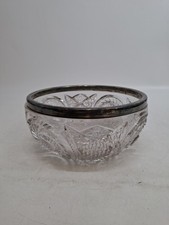 Cut Crystal Glass Bowl With Silver Plated Rim Vintage Fruit Or Punch Bowl