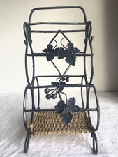 Vintage French Blue Toned Metal Wire 3 Bottle Wine Rack. Grapevine Detail.