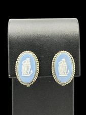 WEDGEWOOD Oval Silver Jasperware Blue Cameo Clip-on Earrings