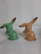 Pair of Vintage Sylvac Bunnies / Rabbits - one ear up - green / brown