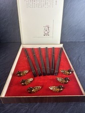 Vintage Set Of 6 Lacquered Rosewood Chopsticks With Resting Ducks Nested Bullion