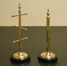 Vintage Antique Brass on Wood Base Mug Cup Tree Rack & Kitchen Paper Roll Holder